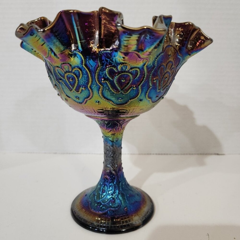 VTG Fenton Persian Medallion Carnival Glass Ruffled Footed Candy Compote Dish